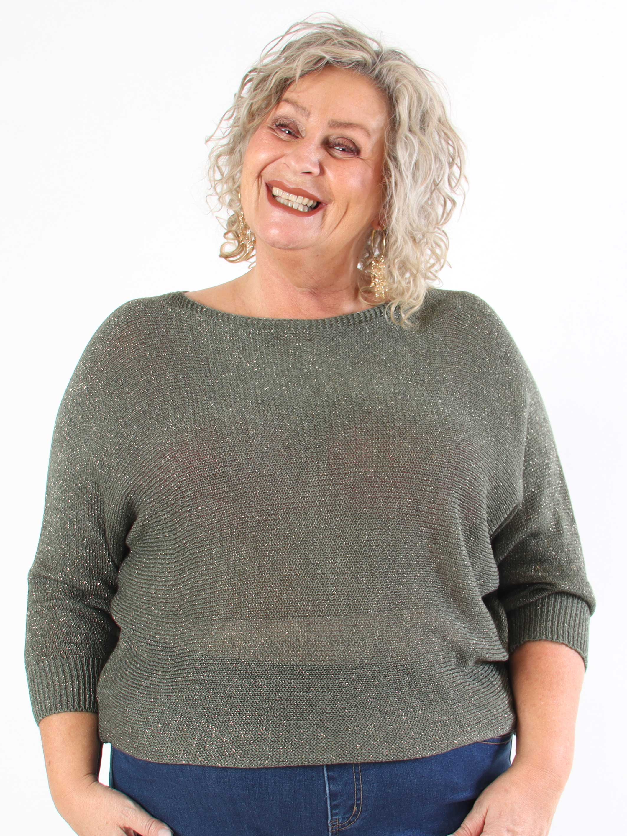 Paulina - Plus size strikbluse med glimmertråde og sløjfe